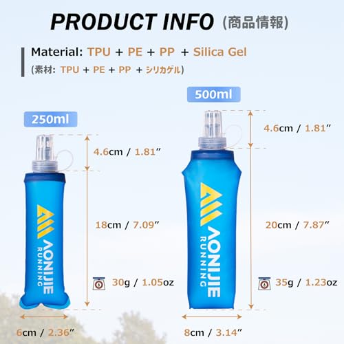 Azarxis TPU Soft Flask Collapsible Water Bottle Running Folding Gel Water Reservoir Handheld for Hydration Pack Hiking Cycling Climbing Jogging Marathon Trail Race - color: #01 Blue - 500 ml - 2-pack