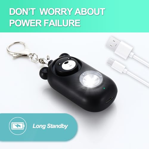 Personal Safety Alarm Keychain with LED Light, 130dB Emergency Alert, Rechargeable Bear Design for Women, Children,Girls - color: Black