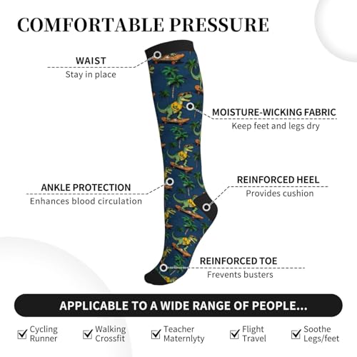 Compression Socks, Unisex 15-20 mmHg Knee High Support Socks - color: Dinosaur