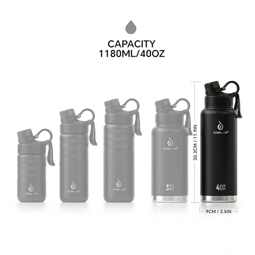 Ideus 40oz Stainless Steel Insulated Water Bottle with 2 Lids, Black - color: Black, size: 40 Ounces