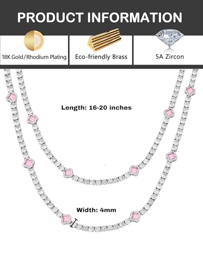 LuxeFlex 4mm Iced Out Four Leaf Tennis Chain,White Gold Plated with 5A Zircon Stones, exquisite Handmade Hip Hop Bling Necklace Perfect Unisex Jewelry Gift - color: White Gold-Pink, size: 20 INCH