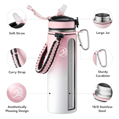 GOSWAG 24oz Insulated Stainless Steel Travel Water Bottle, 2 Lids - color: Pink-White Ombré