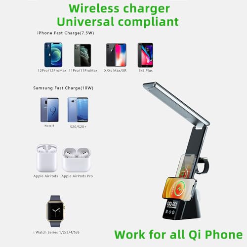 IHAO 6in1 Multifunctional Foldable LED Desk Lamp with Wireless Charger Digital Alarm Clock Eye-Care Lighting 3 Color Modes 15W Qi Charger for Phone/Headphones Compatible with iWatch Charger-N61 White - color: Multi Funcitonal Alarm Clock N61 White