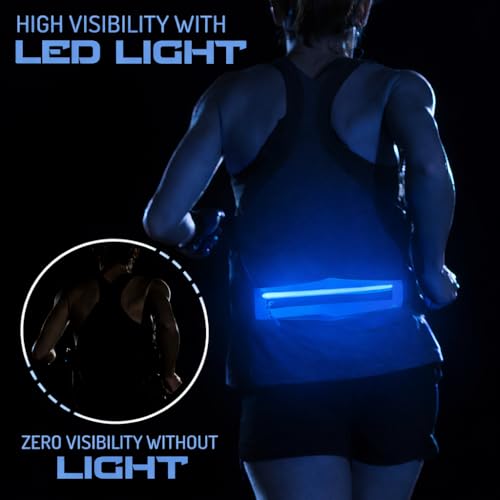 LED Rechargeable Running Belt for Men & Women – Light Up Reflective Waist Pack with Phone Holder | Adjustable Fitness Belt for Running, Walking, Hiking & Travel | WRENN & RAE (Aero Blue) - color: Aero Blue