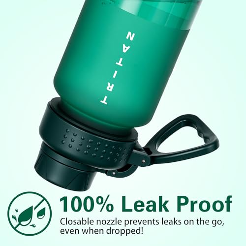 OLDLEY 32oz Water Bottle with Handle, BPA-Free Tritan Reusable Sports Water Bottle with Leak-Proof Dust Lid, Wide Mouth, Cup Holder Friendly, Half Frosted Clear Bottle for Gym,Travel, Work,Teal Green - color: Teal Green