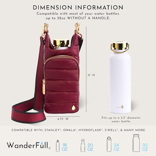 WanderFull Original HydroBag Crossbody Water Bottle Holder with Phone Pocket, Fits Water Bottles up to 32 oz - color: Cherry Matte - Striped Strap