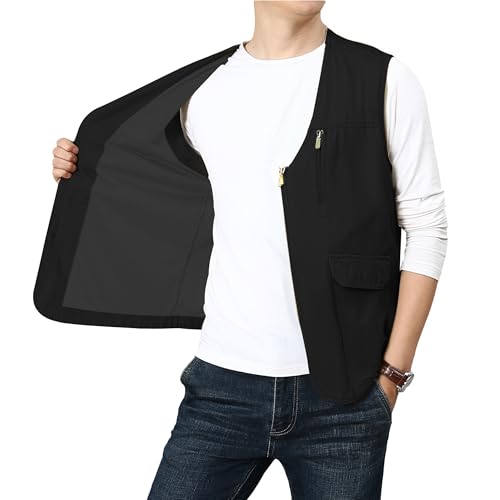 PRIJOUHE Mens Casual Cotton Vest Lightweight Outdoor Fishing Utility Vest - color: 04-black, size: Large