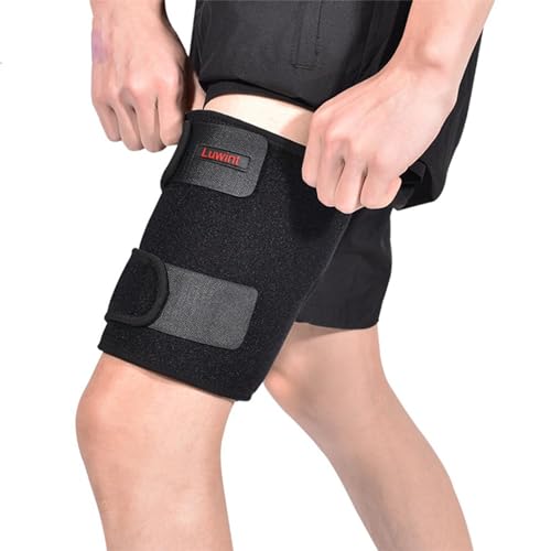 Luwint Youth Small Adult Thigh Hamstring Brace, Adjustable Compression Upper Leg Sleeve Support Wrap for Sprains, Tendinitis, Workout, Pain Relief, Single, Black