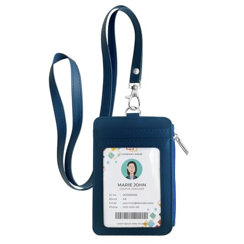 bolimoss 2-in-1 ID Badge Holder & Lanyard Wallet, Leather ID Badge Card Holder Wallet with 5 Card Slots, 1 Side Zipper Pocket,Detachable Keychain Lanyards for Office Worker School Teacher, Navy Blue - color: Navy Blue