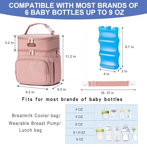 Breastmilk Cooler Bag with Ice Pack Fits 6 Baby Bottles Up to 9 Ounce, Double Deck Leak-Proof Baby Bottles Bag with Shoulder Strap for Nursing & Working Mom, - color: Pink with pocket