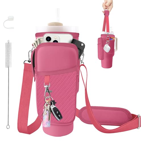 Water Bottle Carrier Bag for Stanley Cup 40/30oz, Neoprene Water Bottle Holder Pouch with 3 Pocket Adjustable Shoulder & Hand Strap - color: Purple