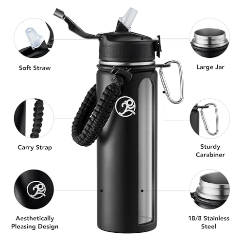 GOSWAG 24oz Insulated Stainless Steel Travel Water Bottle, 2 Lids - color: Matte Black