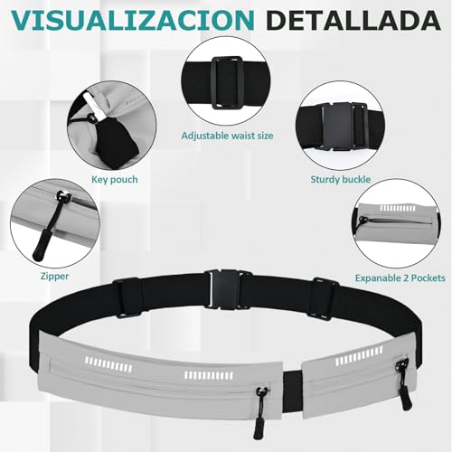 Running Belt Waist Pack, Orange, Dual Zippered Pockets, Adjustable Elastic Band with Reflective Strips (Grey) - color: Grey