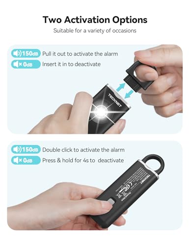 TECKNET Rechargeable Personal Safety Alarm for Women, 2-Pack 130dB Personal Alarm with SOS Strobe Light, Low Battery Notice, Keychain Alarms Loud Siren for Girls Kids Elderly - color: Black & Pink