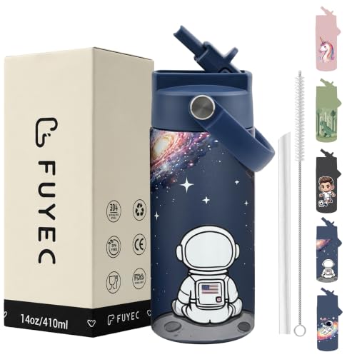 14 oz Insulated Water Bottle with Straw Lid and Handle, Stainless Steel Leak Resistant Travel Bottle for Lunch, Backpack, Camping, Navy Space - color: Universe