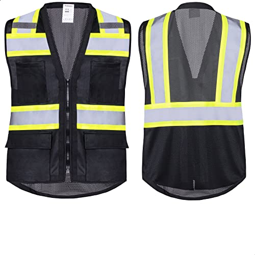 ProtectX High Visibility ANSI Class 2 Safety Vest with 6 Pockets - color: Black - Mesh Fabric, size: Small