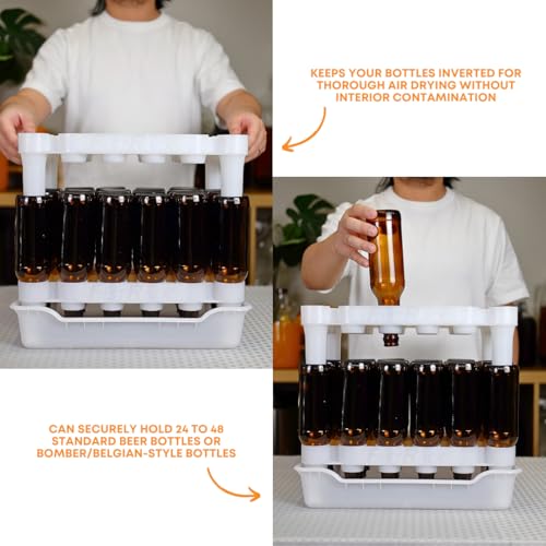 FASTFERMENT - 24-Bottle Drying Rack & Tray| Bottle Drying Tree Alternative | Dry & Store Your Wine or Bomber/Belgian Bottles | 2-Stackable Racks, 1 Tray | Dishwasher Safe | Home Brewing Supplies