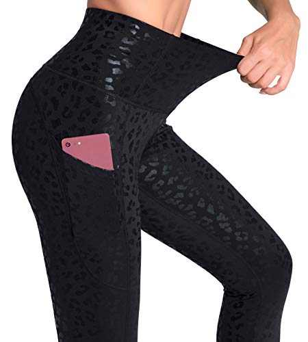 Dragon Fit Women's High Waisted Yoga Leggings 3 Pockets Workout Pants - color: Black Leopard, size: Small