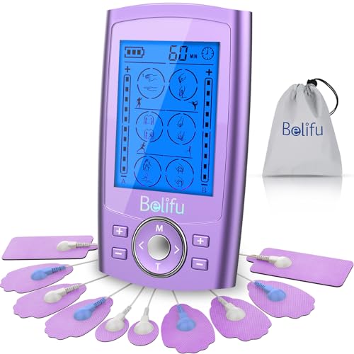 Belfiu TENS & PMS 24 Modes Muscle Stimulator for Pain Relief Therapy, Electronic Pulse Massager Muscle Massager with 10 Pads, Dust-Proof Drawstring Storage Bag, Fastening Cable Ties - color: Purple