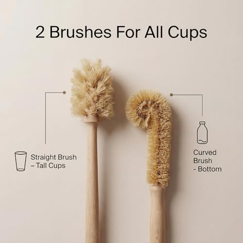 2-Piece Wooden Bottle Brush Set - Includes Tapered Cup Brush & L-Shape Coconut Scrubber - Beech Wood Cleaning Kit for Water Bottles, Glassware & Vases - size: 2 Piece Set - Tapered + L-Shape