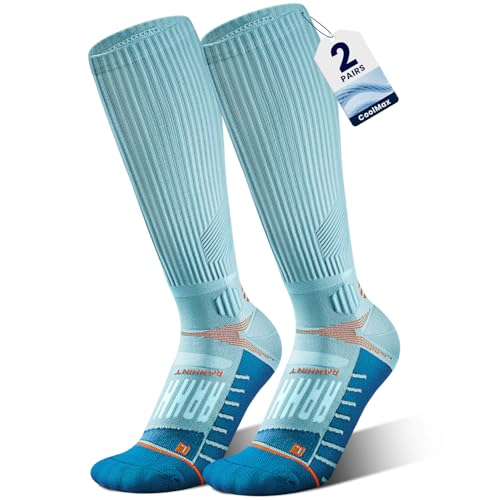 Rahhint Coolmax 20-30 mmHg Compression Running Socks, Long Distance Anti Blister Cushion Moisture Wicking Tall Athletic Socks