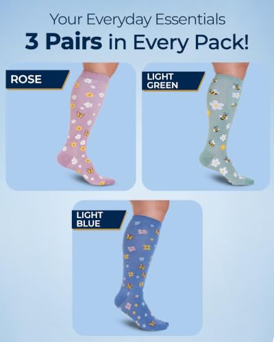 Pembrook® 3 Pairs Plus Size Compression Socks Wide Calf - Bamboo Viscose - color: Flowers & Bees - 3 Pairs, size: X-Large