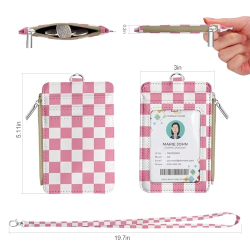 bolimoss ID Badge Holder with Lanyard Wallet for Women Cute Small Card Wallet with Removable Neck Lanyard Side Zipper Pocket Slim Pink Checkered Plaid Leather Credit Card Holder - color: Pink White Checkerboard