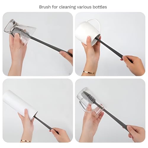 Silicone Bottle Brush & Silicone Straw Cleaner Set – 12.5” Long Handle, Flexible, Odor-Resistant, Dishwasher Safe – for Water Bottles, Baby Bottles, Tumblers & Straws (Grey)