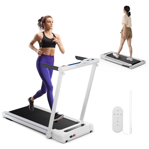 GYMAX Walking Pad Treadmill, 3 in 1 Folding Treadmill with Removable Desktop, Remote & 12 Preset Programs, 2.5 HP Under Desk Walking Pad Running Machine for Home Gym Exercise Workout - color: White