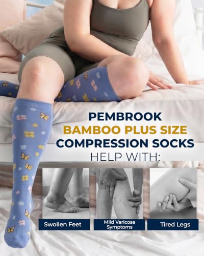 Pembrook® 3 Pairs Plus Size Compression Socks Wide Calf - Bamboo Viscose - color: Flowers & Bees - 3 Pairs, size: X-Large