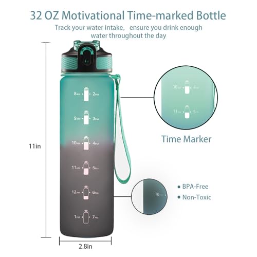 EYQ 32oz Water Bottle with Straw, Sports Bottle with Time Marker - color: 11-Hunter Green/Black Gradient