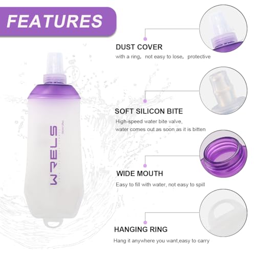 WRELS 200ml/350ml/500ml Collapsible Soft Flask,BPA Free Folding Soft Water Bottle with Hanging Ring,Lightweight TPU Hydration Flask for Running Marathon Cycling Hiking - color: Purple-350ml*1