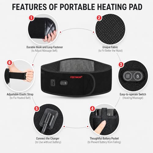 Heated Waist Belt, Cordless Heating Pad for Low Back Electrical Heating Rechargeable Battery Powered - size: Waistline 29"-57"
