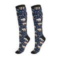 Patterned Knee High Socks for Women Men Athletic Running Travel Work - color: Sloth Tree Leaf Navy Blue
