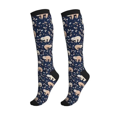 Patterned Knee High Socks for Women Men Athletic Running Travel Work - color: Sloth Tree Leaf Navy Blue