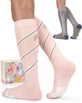 Compression Socks with Grips for Women Toe Pilates Socks Grippy Socks Woman Hospital Non Slip for Pregnancy Nurse - color: B01-Grey/Pink