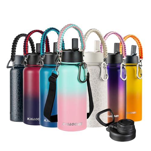 KXIAOCHEN Insulated Water Bottle with Strap, 48-Hour Cold, 2 Lids - color: Rubber Pink, size: 32 Ounces