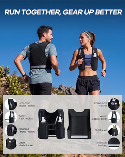 Running Vest for Women Men, Lightweight Reflective Hydration Vest with 500ML Soft Flask, Adjustable Running Backpack Run Vest Water Bottle for Runner Marathon - size: Medium-Large