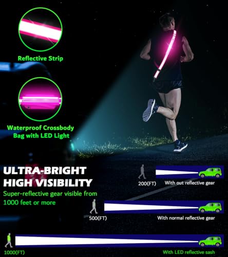 Ylzzrs LED Belt Reflective Sash for Walking at Night,High Visibility Adjustable Night Running Safety Gear,Light Up Running Belt Reflective Gear with Phone Bag/Armband for Runners Walkers Men Women - color: Pink