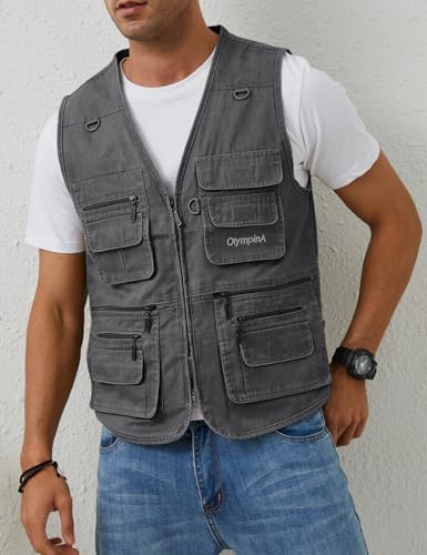 Gihuo Men's Fishing Vest Utility Safari Cargo Fly Vest with Multi Pockets - color: Grey, size: Medium