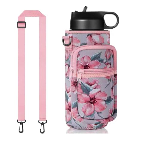40oz Insulated Water Bottle Sling with Phone Pocket, Crossbody Carrier - color: Flower Pink, size: 40oz