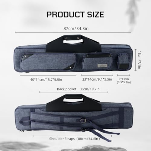 KONLLEN Pool Cue Case 3x4 Oxford Pool Stick Case Holds 3 Butts and 4 Shafts Billiard Sitck Large Capacity Carrying Cases with Multi-Pocket Pool Cue Accessories - color: Upgrade 3x4Case-Blue
