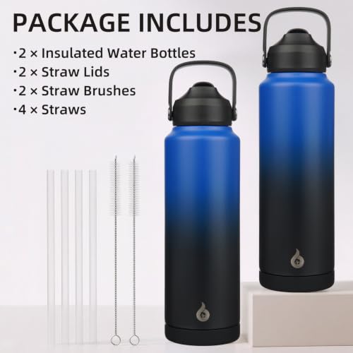 BJPKPK 2 Pack 40oz Insulated Water Bottles with Straw Lids, Stainless Steel - color: 2 X Black Blue, size: 40 Ounces