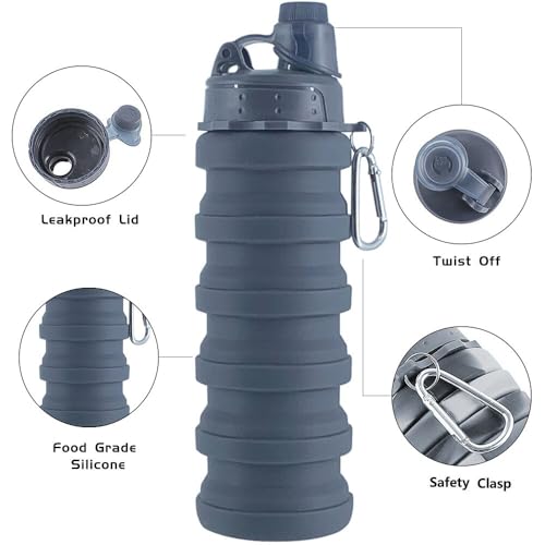 Collapsible Water Bottles 4 Pack 500ml (Grey+Purple+Blue+Pink) - color: Grey+Purple+Blue+Pink