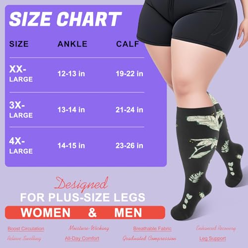 4 Pairs Plus Size Compression Socks,Extra Wide Calf 20-30 mmHg Knee High Compression Socks for Men Women Circulation - color: 05-brown Leaves, size: XX-Large