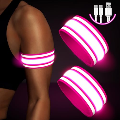 Fokia Kunbio Light Up LED Armband for Running Walking at Night,Reflective Arm Bands for Runners,Rechargeable Jogging Lights,High Visibility Night Running Safety Gear Adjustable Running Women Men Kids - color: Pink