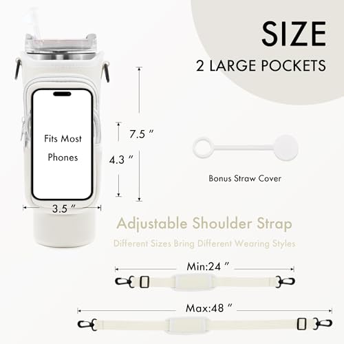 JEBEALUO Water Bottle Carrier Bag with Phone Pocket for Stanley Cup 40/30 oz, Water Bottle Holder with Adjustable Strap& Straw Cover, Stanley Cup Accessories