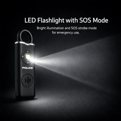 Police Personal Safety Alarm Keychain, Rechargeable Loud Emergency Alarm w/ Strobe Light, Portable Self Defense Alarm for Women, Kids, Seniors, Travel, Black