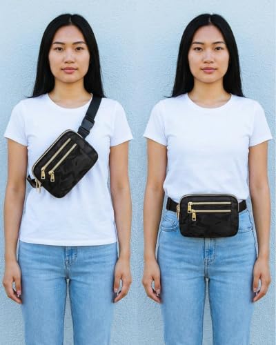 Fanny Packs for Women Crossbody Belt Bags, Waist Pack with Adjustable Strap - color: B-Black Camo, size: Double Layer