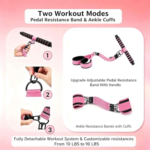 Pink Pedal Resistance Band with Handle, 4 Tubes & Ankle Cuffs - color: Light Pink